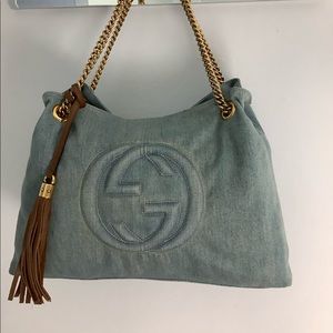 Gucci Soho Chain Denim Leather Tote Shoulder Bag Blue Interlocking